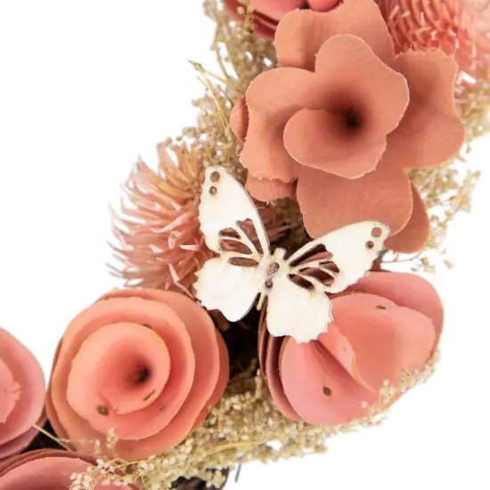 Northlight 10" Pink Wooden Rose Heart Spring Wreath with Butterflies {5}