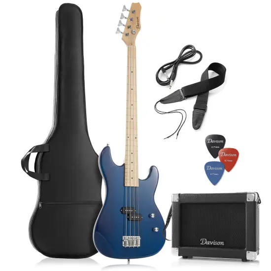 Davison Full Size Electric Bass Guitar with 15-Watt Amp - 4 String Right Handed Beginner Kit with Gig Bag and Accessories {1}