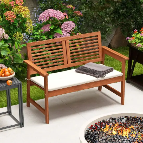 Costway Patio Bench Outdoor Solid Wood Loveseat Chair with Backrest & Cushion Porch Garden {5}