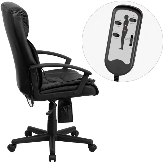 Emma and Oliver High Back Ergonomic Massaging Leather Soft Ripple Upholstered Executive Swivel Office Chair with Side Remote Pocket and Arms Black {5}
