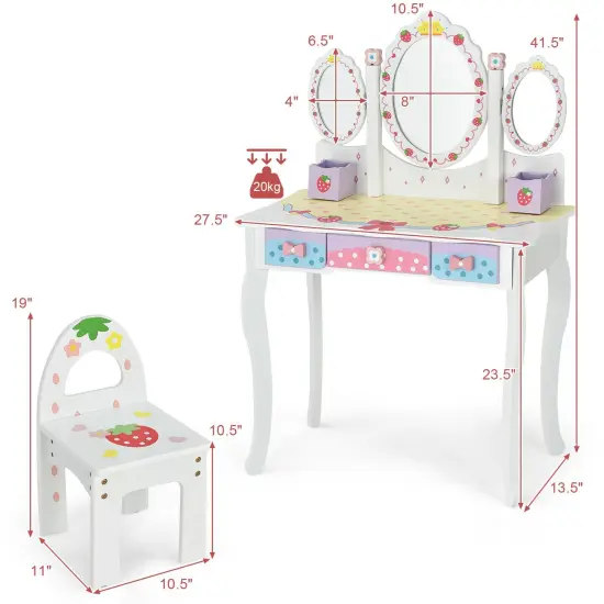 Kids Vanity Princess Makeup Dressing Table Chair Set with Tri-fold Mirror White {6}