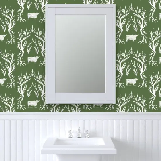 Peel & Stick Wallpaper 2FT Wide Damask Toile Cows Western Green White Rustic Custom Removable Wallpaper by Spoonflower {6}