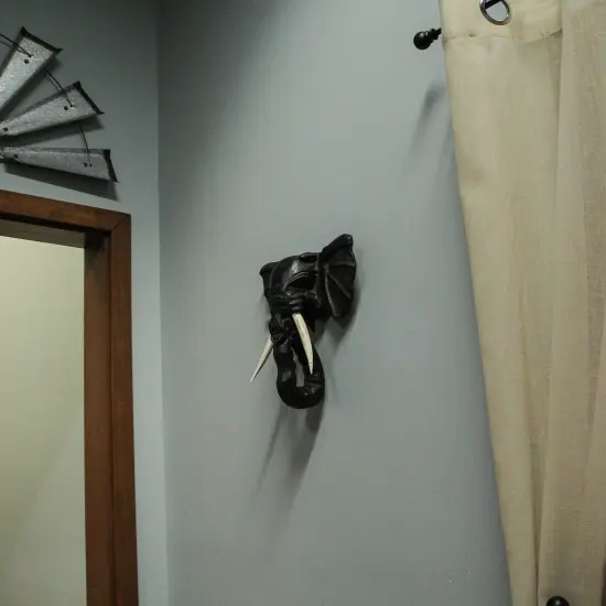 Hand Carved 12 Inch Black Elephant Head Wooden Wall Hanging Sculpture Safari Art {6}