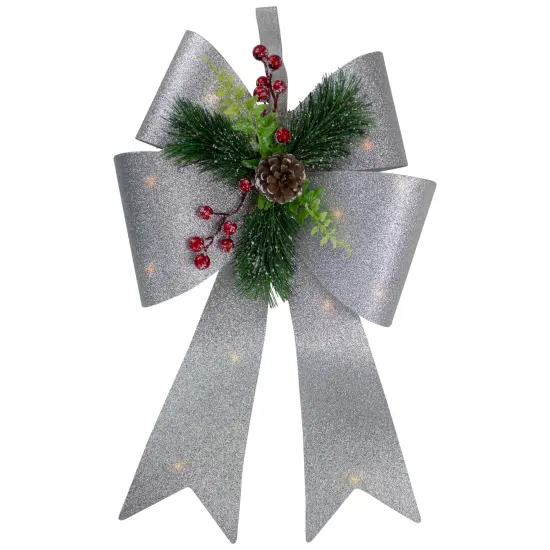 Northlight 19" LED Lighted Sliver Tinsel Bow Christmas Decoration Silver {1}