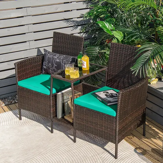 Patio Rattan Wicker Conversation Set Sofa Cushioned Loveseat Glass Table Turquoise {1}