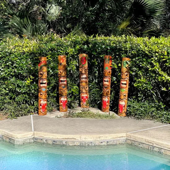 Set of 5 Double Tiki Mask Totem Wall Decor Hand Carved Tribal Sculpture 40 Inch {5}