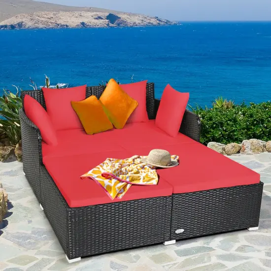 Spacious Outdoor Rattan Daybed With Upholstered Cushions And Pillows Grey {7}