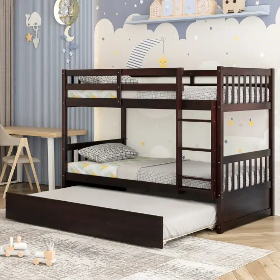 Twin Over Twin Bunk Bed with Pull-out Trundle and Ladder-Espresso {3}