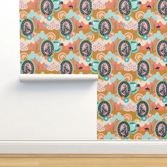 Peel & Stick Wallpaper 2FT Wide Horse Cactus Butterfly Bird Flower 70S Pop Art Clouds Western Cowboy Cowgirl Custom Removable Wallpaper by Spoonflower {2}