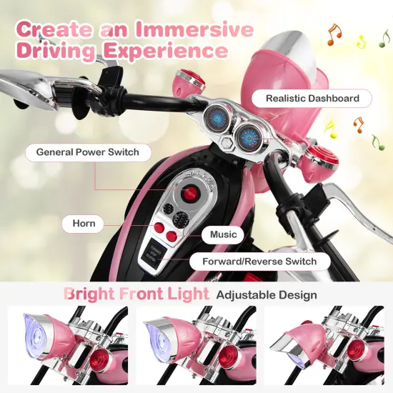 6V Chopper Style Motorcycle with Bright Headlight and Cheering Music Perfect Gift to Kids Pink {6}