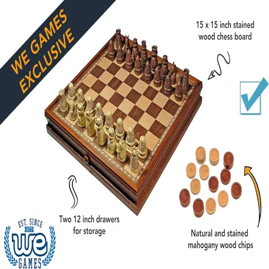 WE Games Medieval Chess & Checkers Game Set - Wood Board with Storage Drawers 15 in. {3}