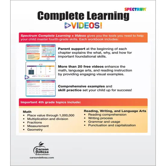 Spectrum Complete Learning + Videos 4th Grade Workbook, Language Arts, Reading Comprehension, Writing, and Math Book for Kids Ages 9-10 With Video Tutorials {2}