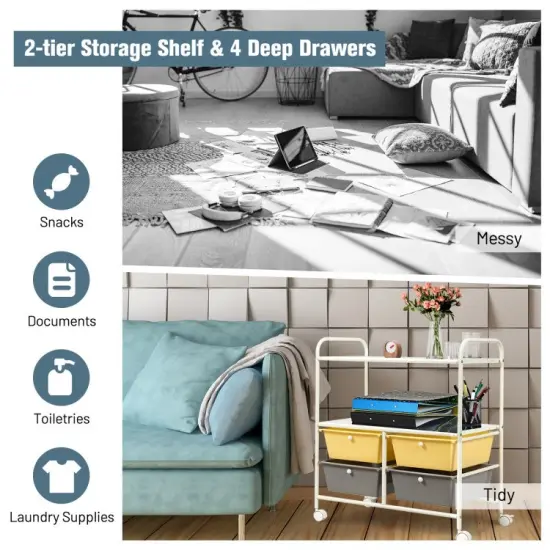 4 Drawers Shelves Rolling Storage Cart Rack Yellow {3}