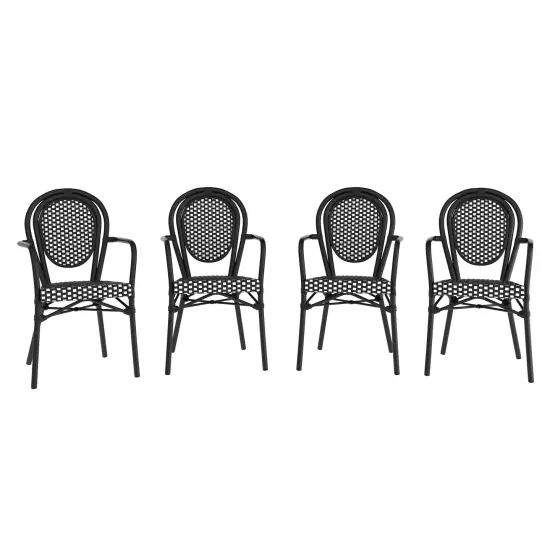 Merrick Lane Celia Set of Four Stacking Thonet Bistro Style Chair with Arms, PE Rattan Seat, and Metal Frame for Indoor/Outdoor Use White&Navy/Natural {8}