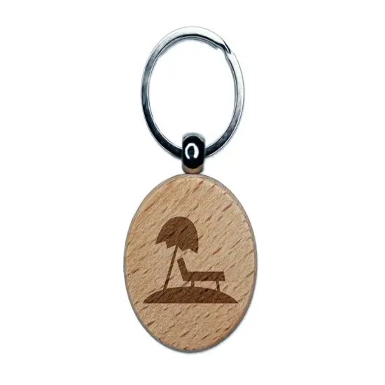 Lounge Chair Umbrella Beach Sun Engraved Wood Round Keychain Tag Charm {1}