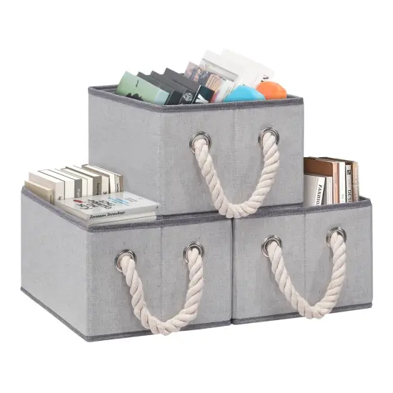 3 Pieces Collapsible Storage Bins Cubes With Handles, Decorative Storage Baskets For Shelves Organizing, Sturdy Organizers Storage Boxes for Closet, Cloth, Toys, Books,Pantry, Gray, Medium {2}