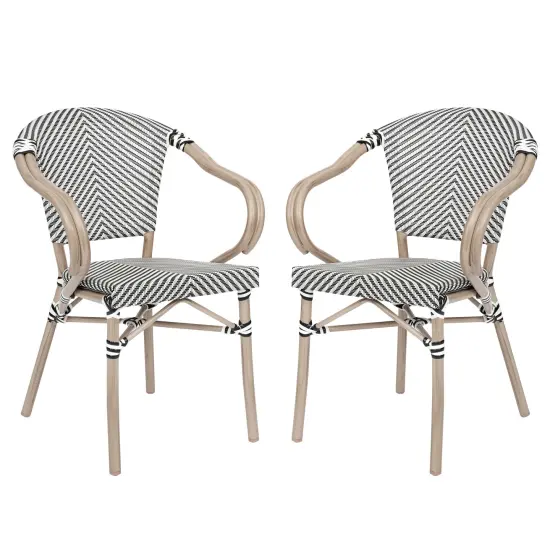 Merrick Lane Mael Set of Two Stacking Thonet Bistro Style Chair with Arms, Textilene Seat, and Bamboo Finished Metal Frame for Indoor/Outdoor Use Black/Natural Frame {8}