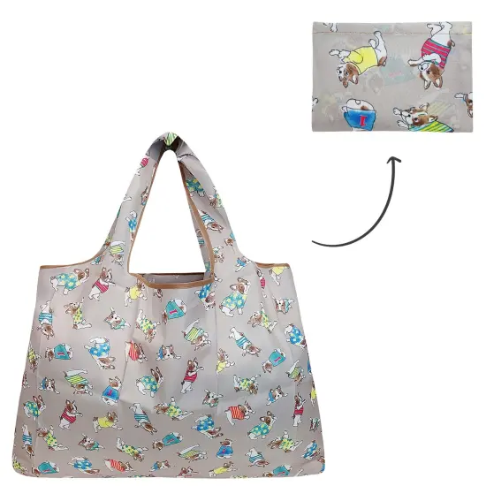Wrapables Large Foldable Tote Nylon Reusable Grocery Bag Gray French Bulldogs {3}