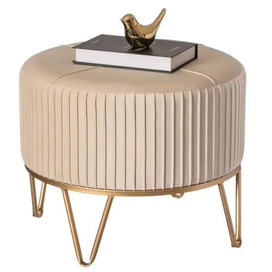 Round Velvet Ottoman Stool Raised with Hairpin Gold Base Cream Medium {2}