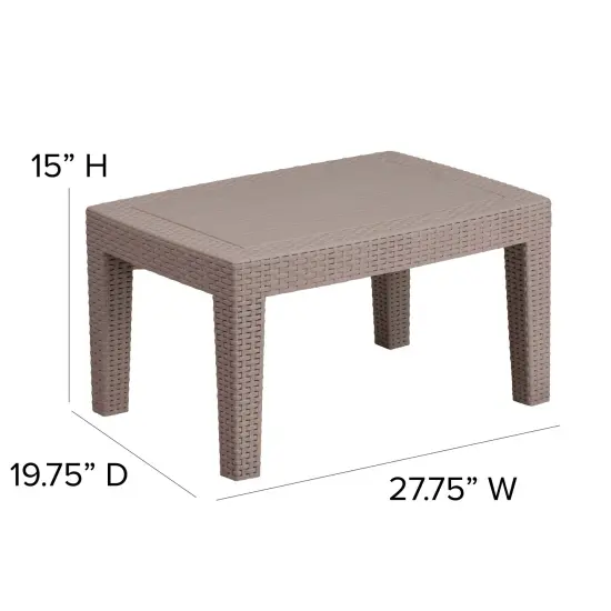 Merrick Lane Malmok Outdoor Coffee Table Faux Rattan Wicker Pattern Resin All-Weather Patio Coffee Table With Wood Plank Top Design Light Gray {3}