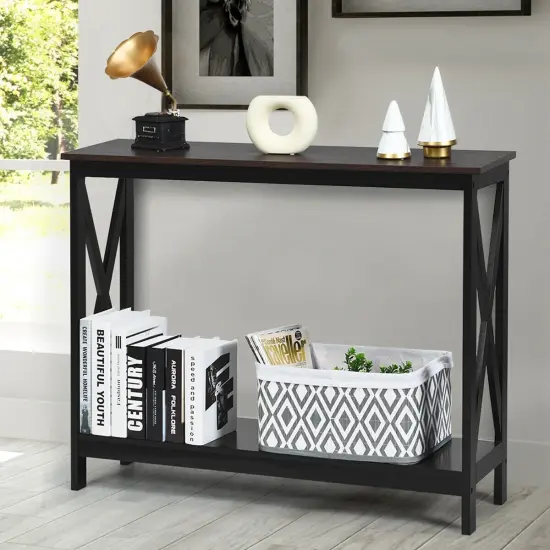 2-Tier Console X-Design Sofa Side Accent Table with Spacious Storage Space Brown {2}