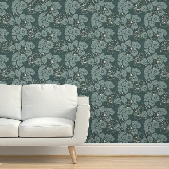 Peel & Stick Wallpaper 2FT Wide Emerald Modern Floral Botanical Blush Custom Removable Wallpaper by Spoonflower {5}