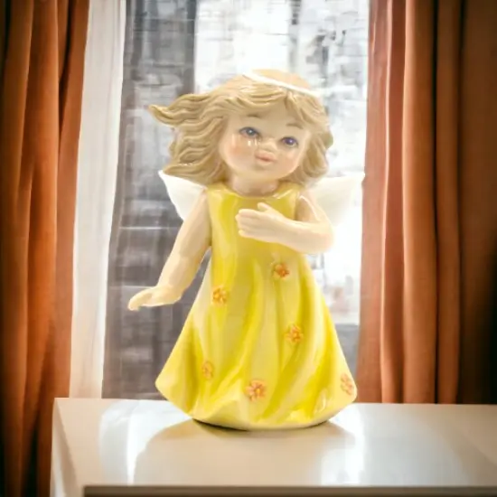 Ceramic Angel In Yellow Dress Figurine, Religious D&eacute;cor, Religious Gift, Church D&eacute;cor, Church Gift, Baptism Gift {2}