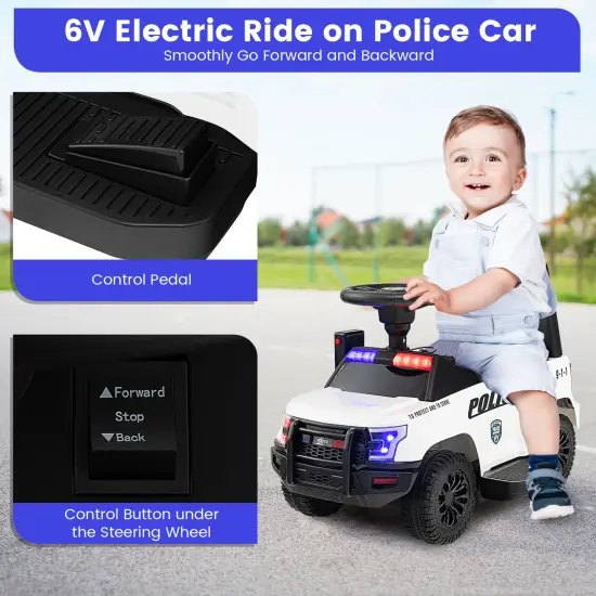 6V Kids Ride On Police Car with Real Megaphone and Siren Flashing Lights White {3}