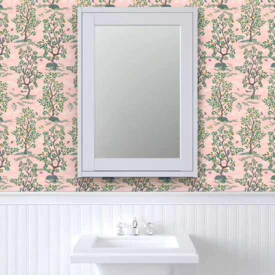 Pre-Pasted Wallpaper 2FT Wide Chinoiserie Pink Botanical Nature Oranges Lemons Birds Custom Pre-pasted Wallpaper by Spoonflower {6}