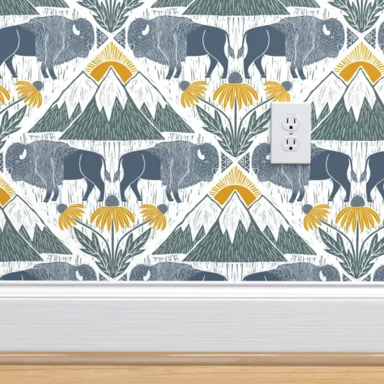 Pre-Pasted Wallpaper 2FT Wide Bison Western Floral Blue Yellow Mountains Prairie National Parks Wildflower Lattice Custom Pre-pasted Wallpaper by Spoonflower {4}