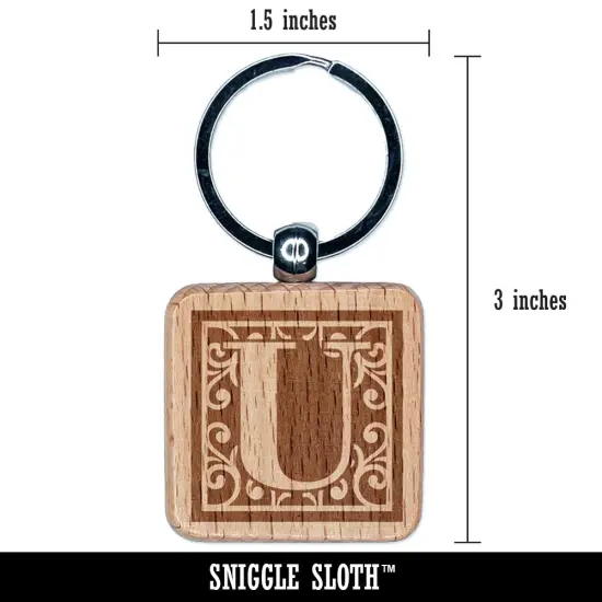 Monogram Swirls Capital Letter U Engraved Wood Square Keychain Tag Charm {2}