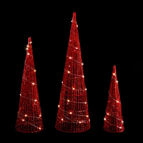 Northlight LED Lighted Glitter Cone Tree Outdoor Christmas Decorations - 23.5" - Set of 3 Red {4}