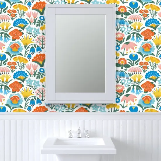 Pre-Pasted Wallpaper 2FT Wide Scandinavian Floral Folk Flowers Pink Yellow Blue Garden Botanical Vintage Retro Midcentury Modern Custom Pre-pasted Wallpaper by Spoonflower {6}