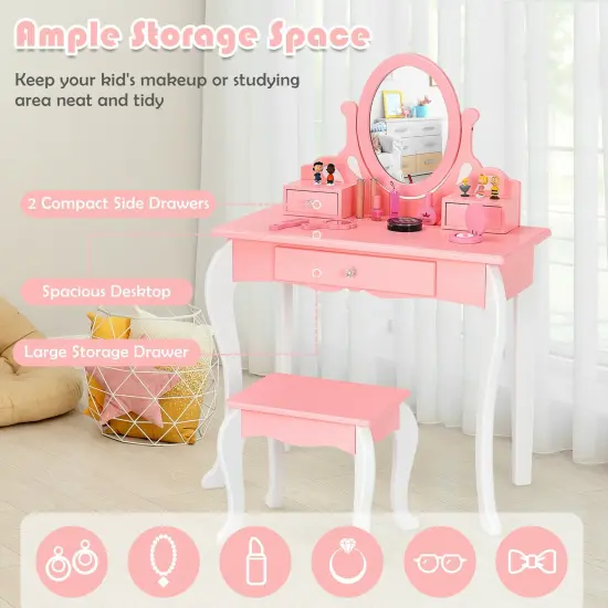Kids Vanity Princess Makeup Dressing Table Stool Set with Mirror and Drawer Pink {3}