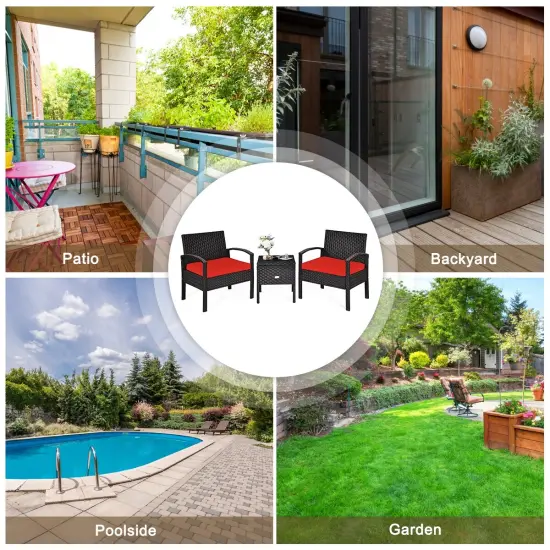 3 Piece PE Rattan Wicker Sofa Set with Washable and Removable Cushion for Patio Red {3}