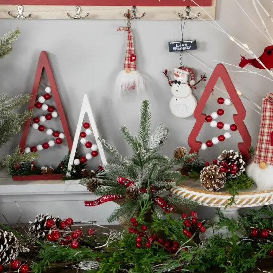 Northlight Wooden Trees with Beads Christmas Decorations - 11.75" - Red and White - Set of 3 {3}
