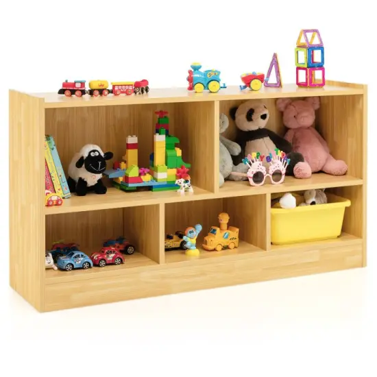 Kids 2-Shelf Bookcase with 5-Cube Wood Toy Storage Organizer Perfect for Children's Room or Bedroom Beige {10}