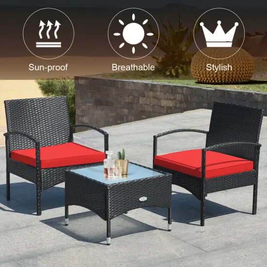 3 Pieces Patio Wicker Rattan Furniture Set with Cushion for Lawn Backyard Red {3}