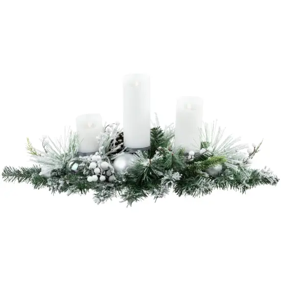 Northlight Flocked Pine Triple Candle Holder with Iridescent Christmas Ornaments - 30" White {1}