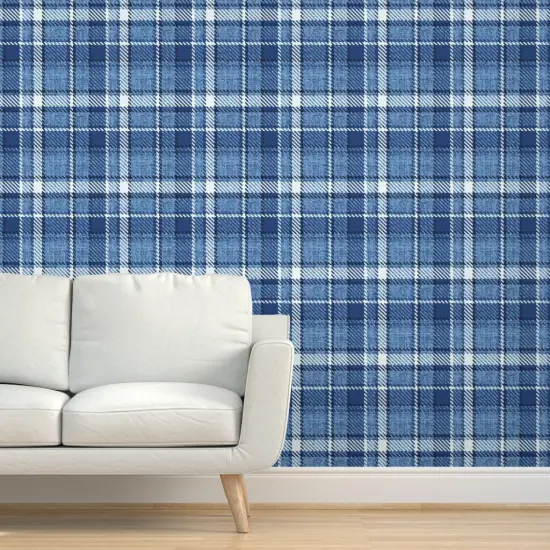 Pre-Pasted Wallpaper 2FT Wide Monochrome Plaid Blue Farmhouse Custom Pre-pasted Wallpaper by Spoonflower {5}