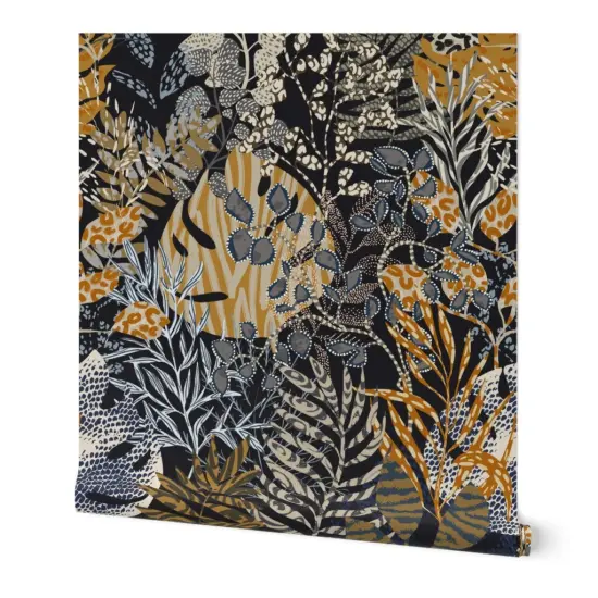 Peel & Stick Wallpaper 2FT Wide Blue Leaves Animal Print Wild Dark Tropical Tiger Cheetah Lizard Botanical Floral Large Scale Jungle Custom Removable Wallpaper by Spoonflower {7}