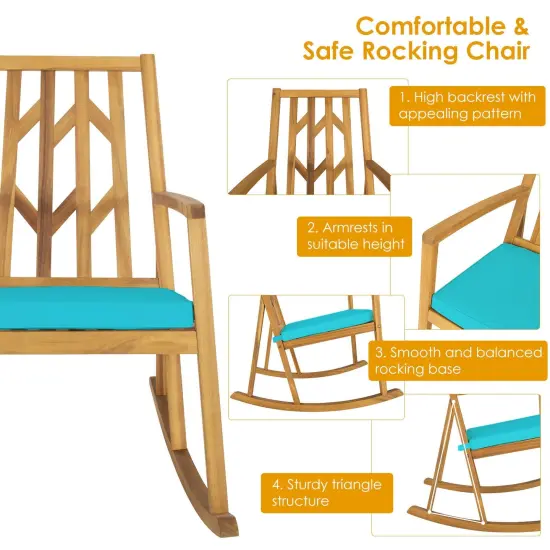 Patio Acacia Wood Rocking Chair Sofa with Armrest and Cushion for Garden and Deck Blue {5}