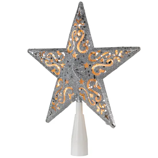 Northlight 8.5" Lighted Silver Glitter Star Cut Out Design Christmas Tree Topper - Clear Lights, White Wire {5}