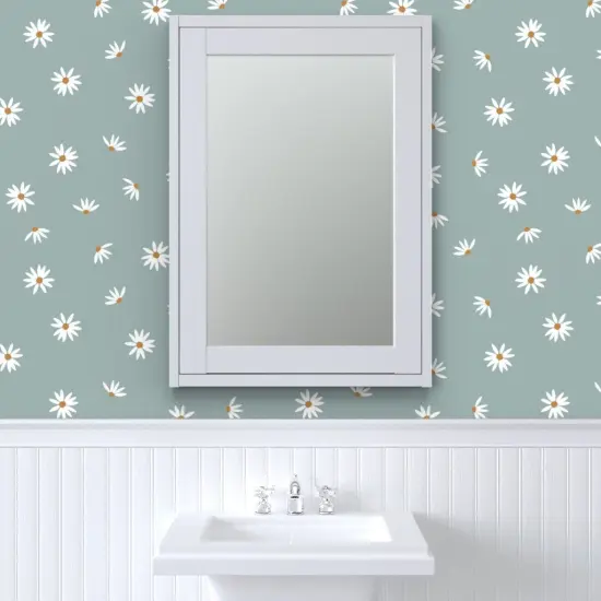 Peel & Stick Wallpaper 2FT Wide Dusty Blue Floral Ditsy Coneflower White Flowers Small Scale Boho Kids Whimsical Meadow Custom Removable Wallpaper by Spoonflower {6}