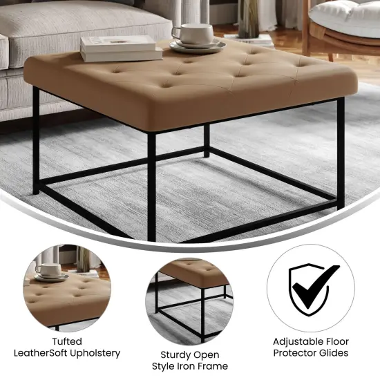 Merrick Lane Almas 30-Inch Square Tufted Faux Leather Ottoman with Durable Metal Frame Light Brown {2}
