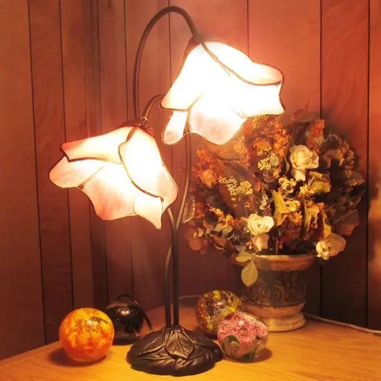 Twin Pink Lily Tiffany Stained Glass Shade & Lamp Base - Perfect for a Living Room, Bedroom, Office, & More {1}
