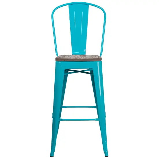 Merrick Lane Sarah 30" Metal Indoor-Outdoor Counter Stool with Vertical Slat Back, Integrated Footrest and Wood Seat Crystal Teal-Blue {2}
