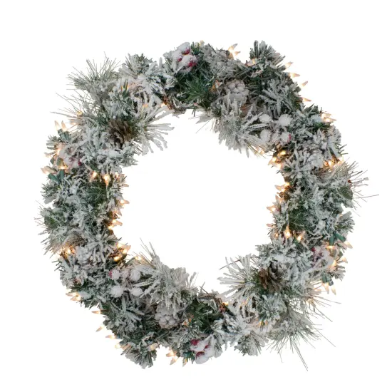 Northlight Pre-lit Heavily Flocked Pine Artificial Christmas Wreath - 24" - Clear Lights Green {1}