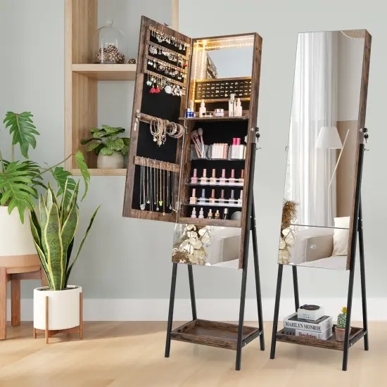 Costway Jewelry Cabinet Armoire Full-Length&nbsp;Mirror with 3-Color LED Lights tip-out Drawer Brown/White {1}