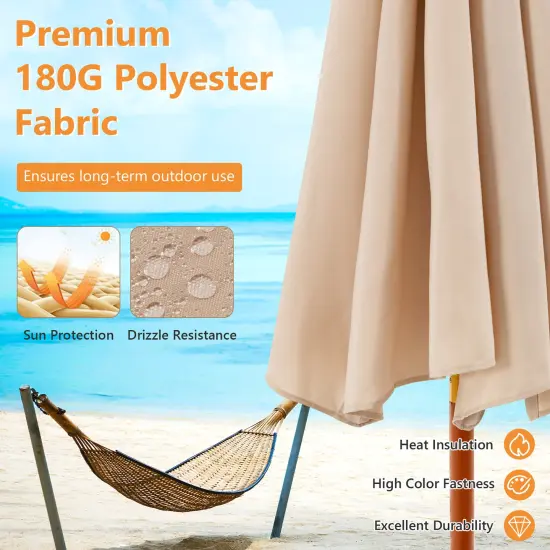 Costway 9.5 FT Patio Rope Pulley Wooden Umbrella Market w/Fiberglass Ribs Outdoor Red/Beige {6}